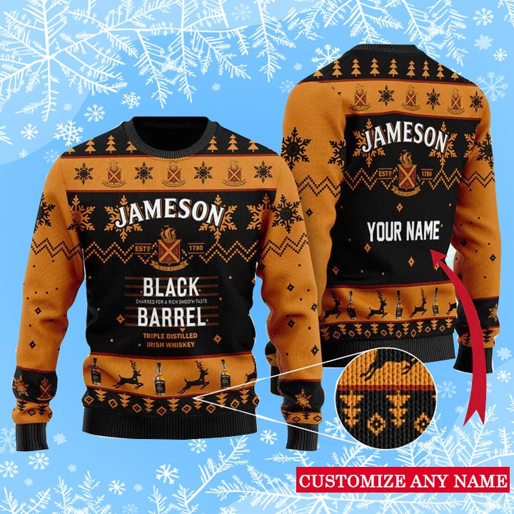 Customized Black Barrel Jameson Whiskey Ugly Christmas Sweater