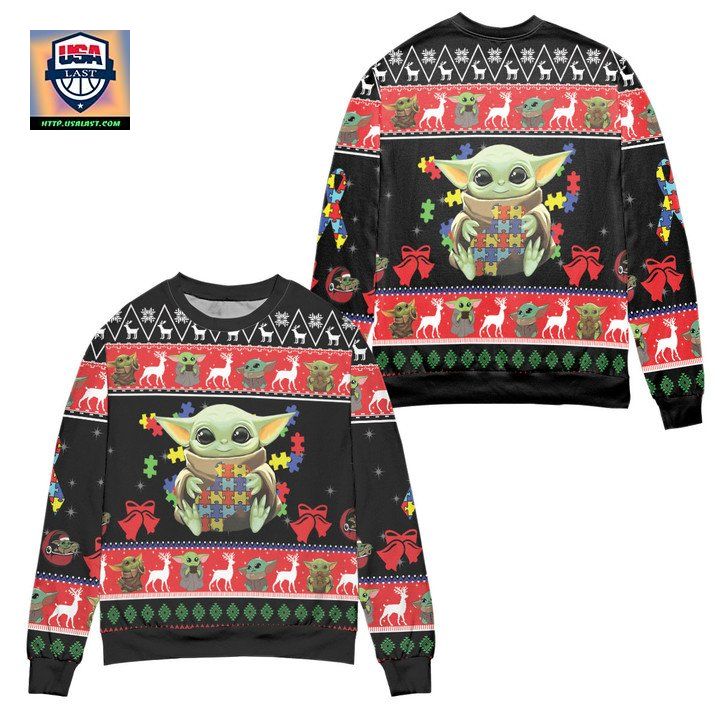 Cute Baby Yoda Playing Puzzles Star Wars Ugly Christmas Sweater Black Red