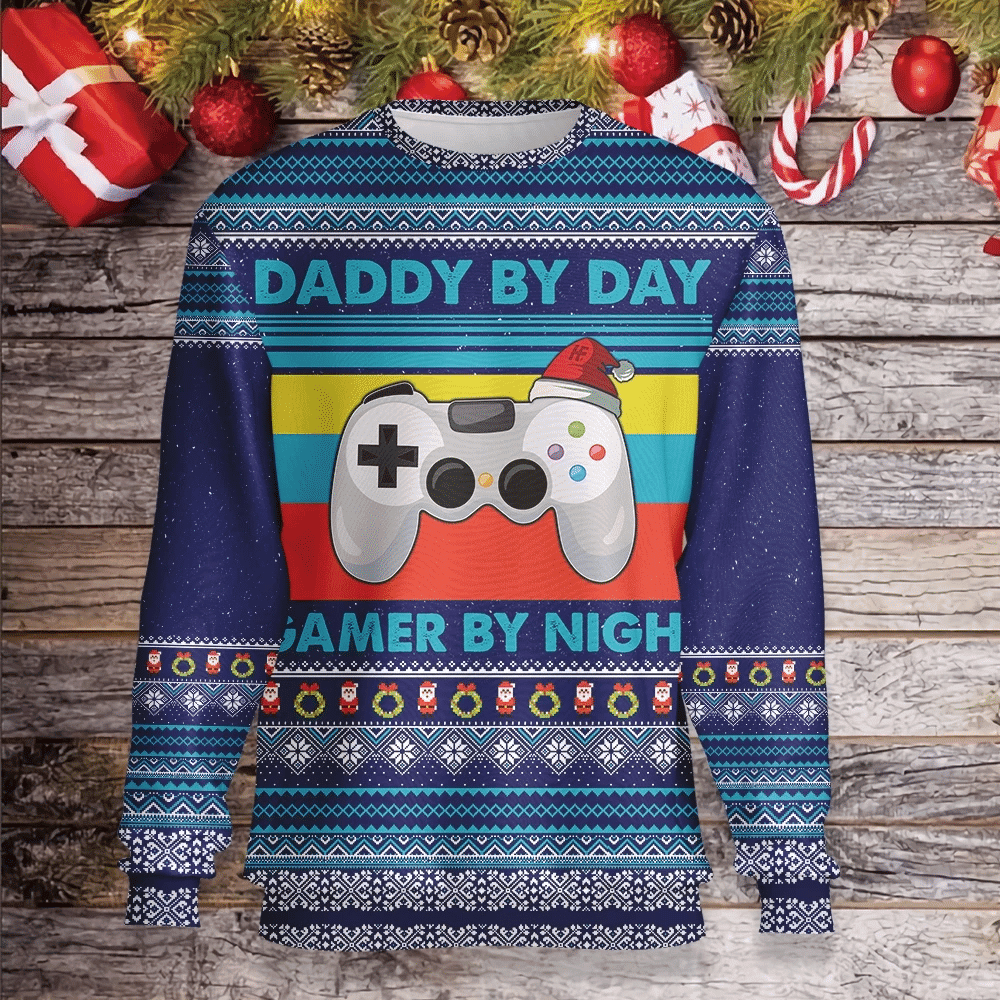 Daddy By Day Gamer By Night Ugly Christmas Sweater, Perfect Holiday Gift