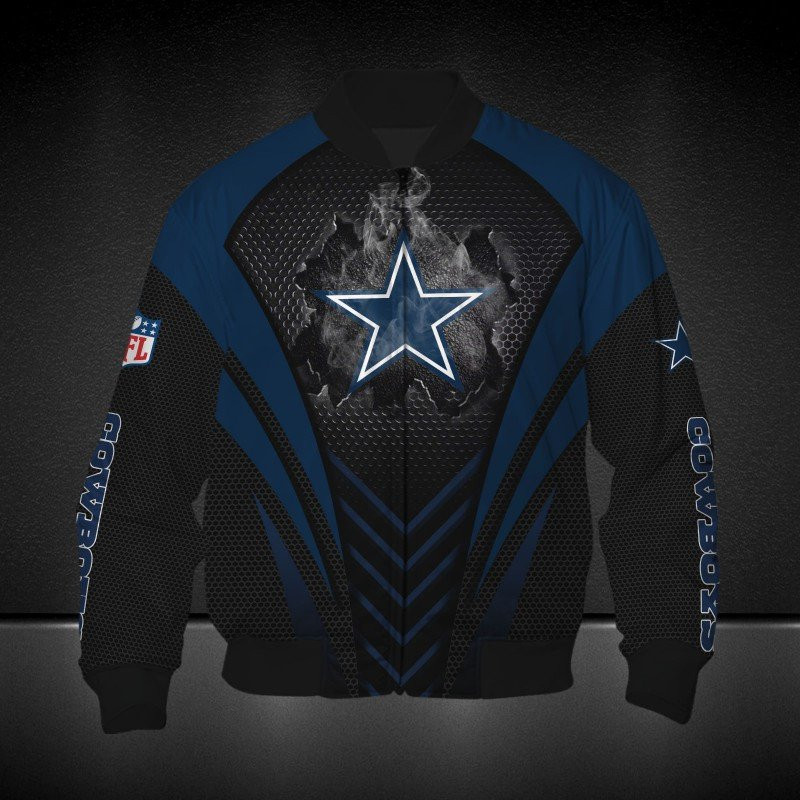 Dallas Cowboys Black Blue Darken Logo Burning Bomber Jacket | NFL Team Jacket for Men & Women | Football Fan Gift