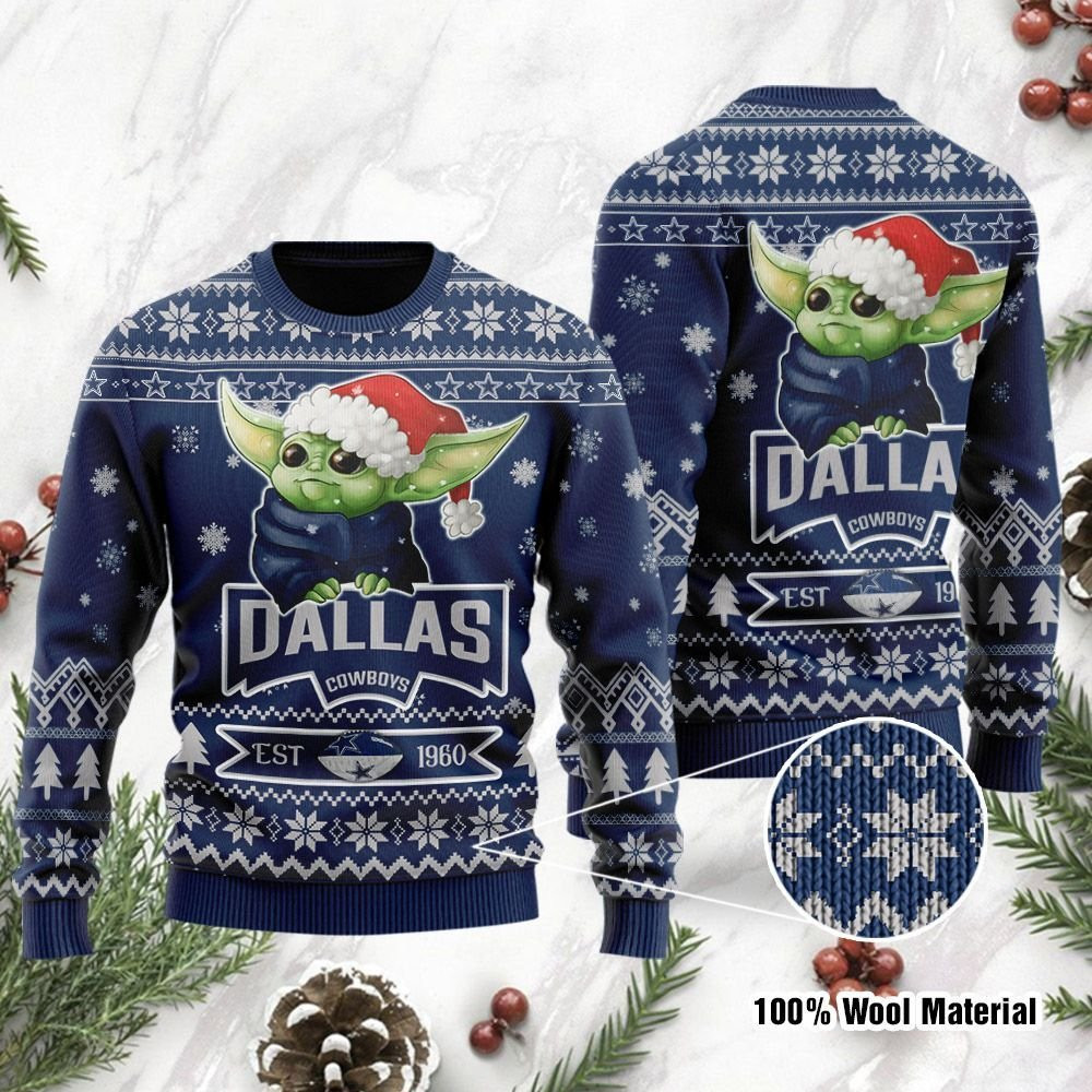 Dallas Cowboys Cute Baby Yoda Grogu Holiday Party Ugly Christmas Sweater, Perfect Holiday Gift