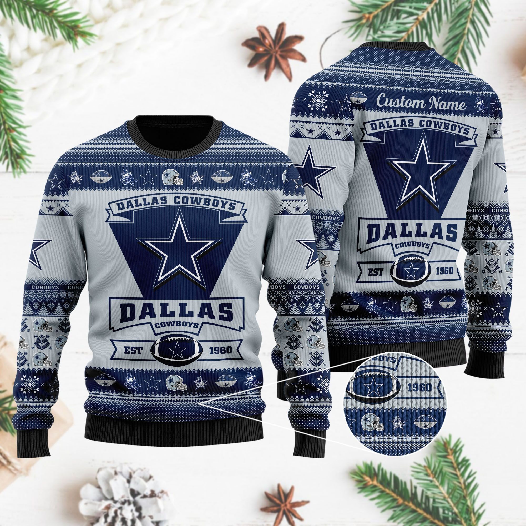 Dallas Cowboys Football Team Logo Custom Name Personalized Ugly Christmas Sweater Holiday Party Men Women Plus Size