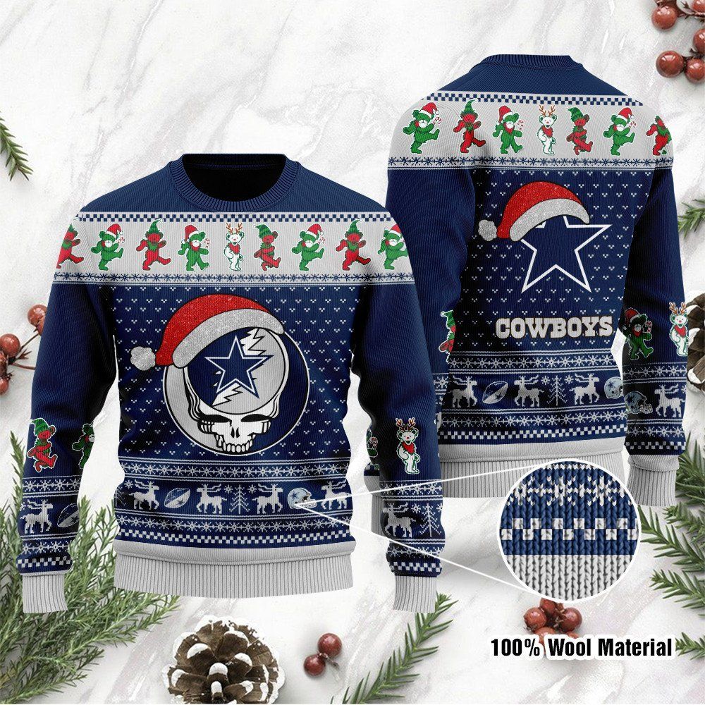 Dallas Cowboys Grateful Dead SKull And Bears Custom Name Ugly Christmas Sweater NFL Football Christmas