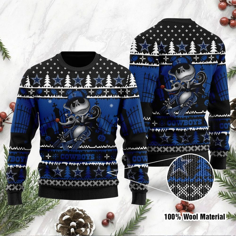 Dallas Cowboys Jack Skellington Halloween Holiday Party Ugly Christmas Sweater, Perfect Holiday Gift