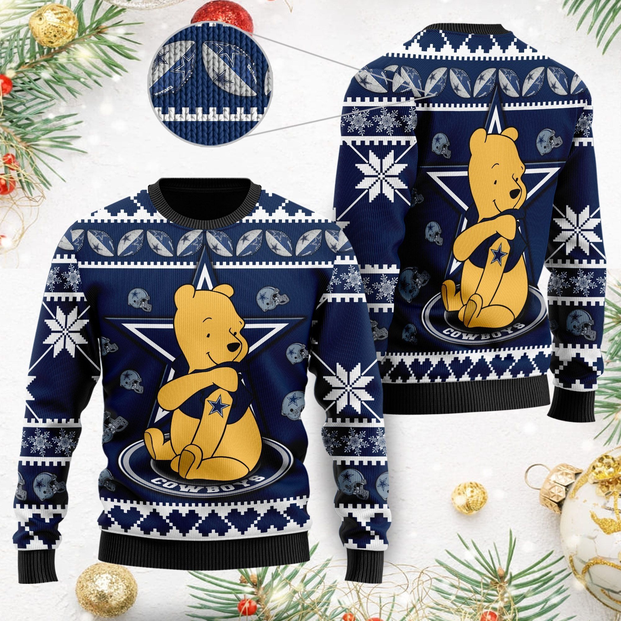 Dallas Cowboys NFL American Football Team Logo Cute Winnie The Pooh Bear 3D Ugly Christmas Sweater