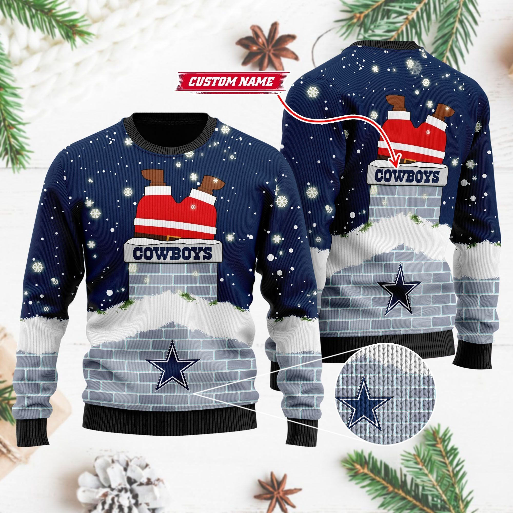 Dallas Cowboys NFL Football Team Logo Symbol Santa Claus Custom Name Personalized 3D Ugly Christmas Sweater