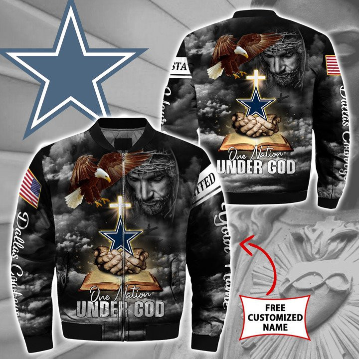 Dallas Cowboys Personalized One Nation Under God Bomber Jacket | NFL Team Jacket for Men & Women | Football Fan Gift