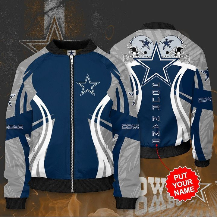 Dallas Cowboys Personalized White Curve 2 Hat Bomber Jacket | NFL Team Jacket for Men & Women | Football Fan Gift