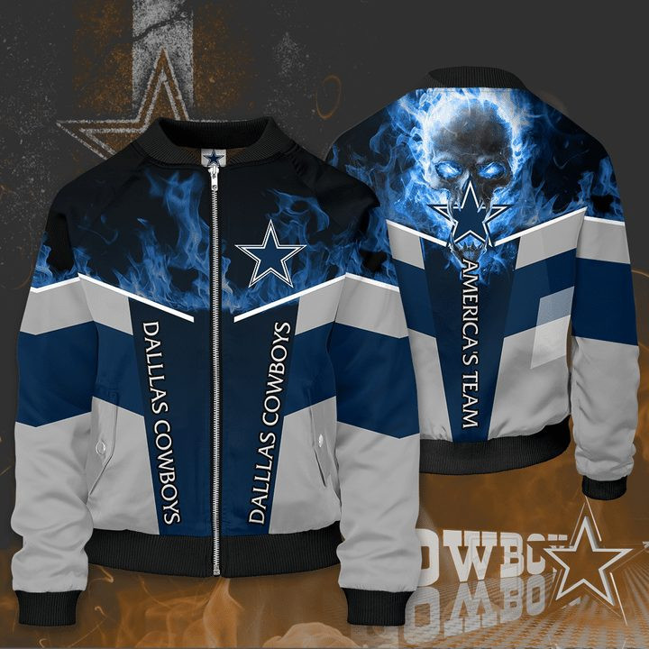 Dallas Cowboys Skull Blue Fire Bomber Jacket | NFL Team Jacket for Men & Women | Football Fan Gift