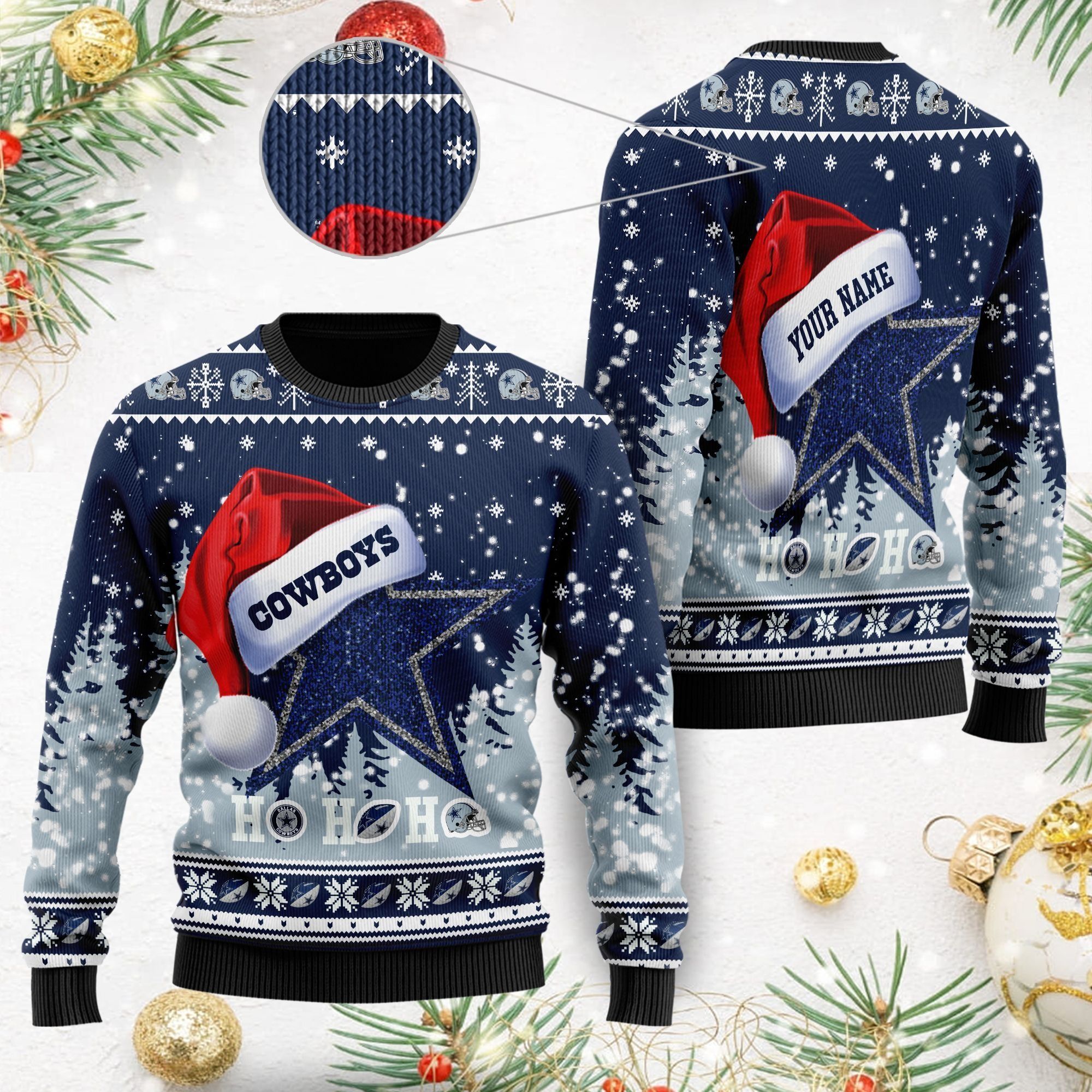 Dallas Cowboys Symbol Wearing Santa Claus Hat Cute Pattern Ho Ho Ho Custom Personalized Ugly Christmas Sweater For Football Fans On Xmas Party