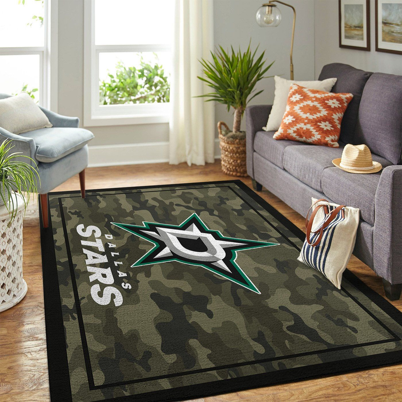 Dallas Stars Team Logo Camo Rectangle Area Rug – Full Print Carpet For Living Room & Bedroom Home Decor