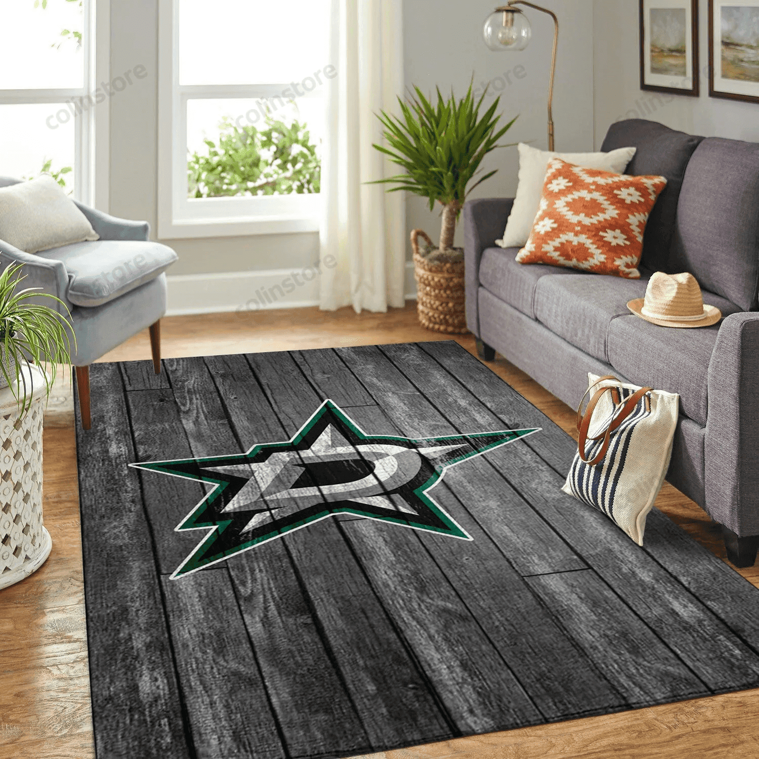 Dallas Stars Team Logo Grey Wooden Rectangle Area Rug – Full Print Carpet For Living Room & Bedroom Home Decor