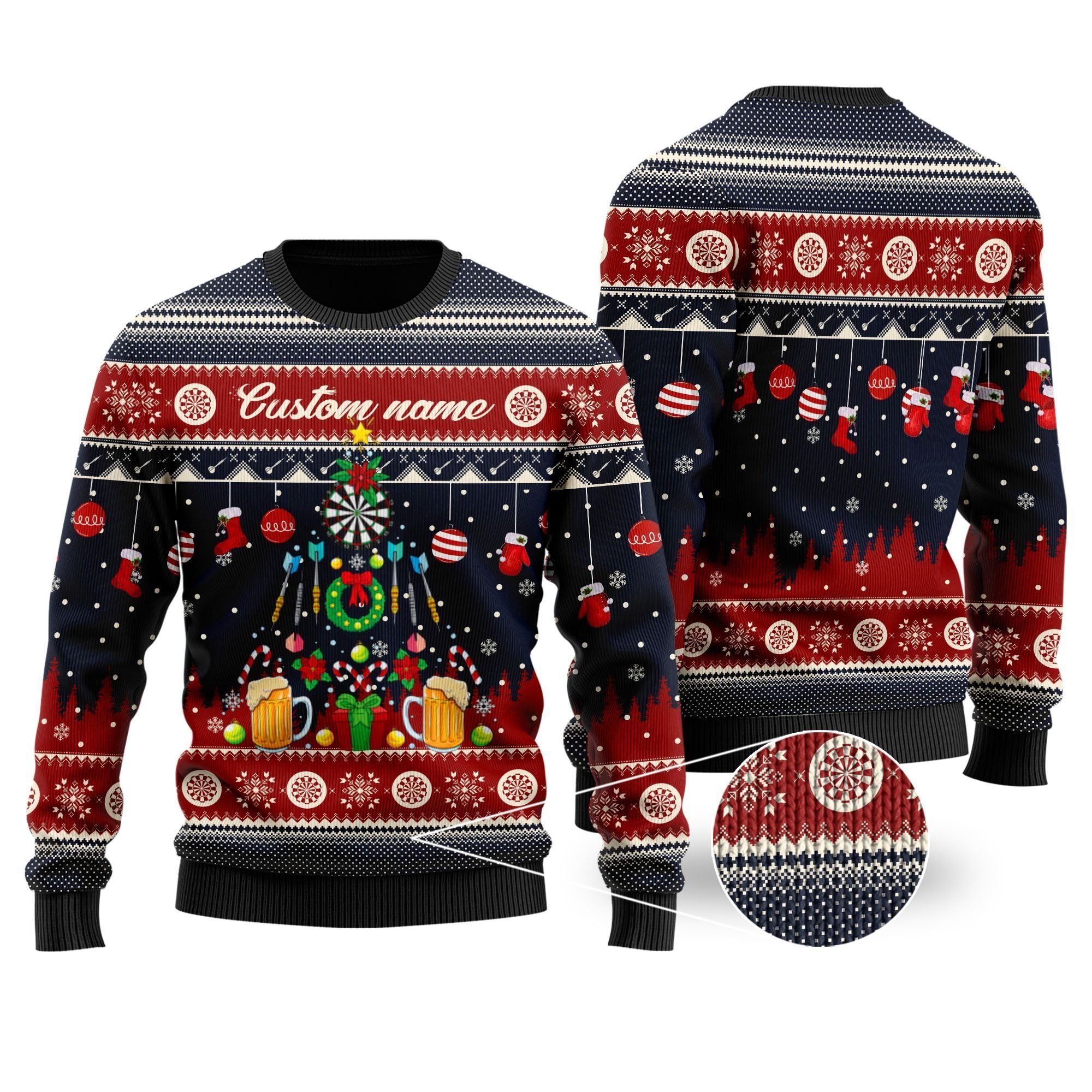 Darts And Beer Noel Pattern Custom Name Ugly Christmas Sweater Personalized Gifts For Dart Players Sport Lovers On Christmas Days