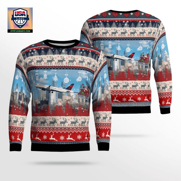 Delta Air Lines Airbus A220-300 With Santa over Philadelphia Christmas AOP Sweater