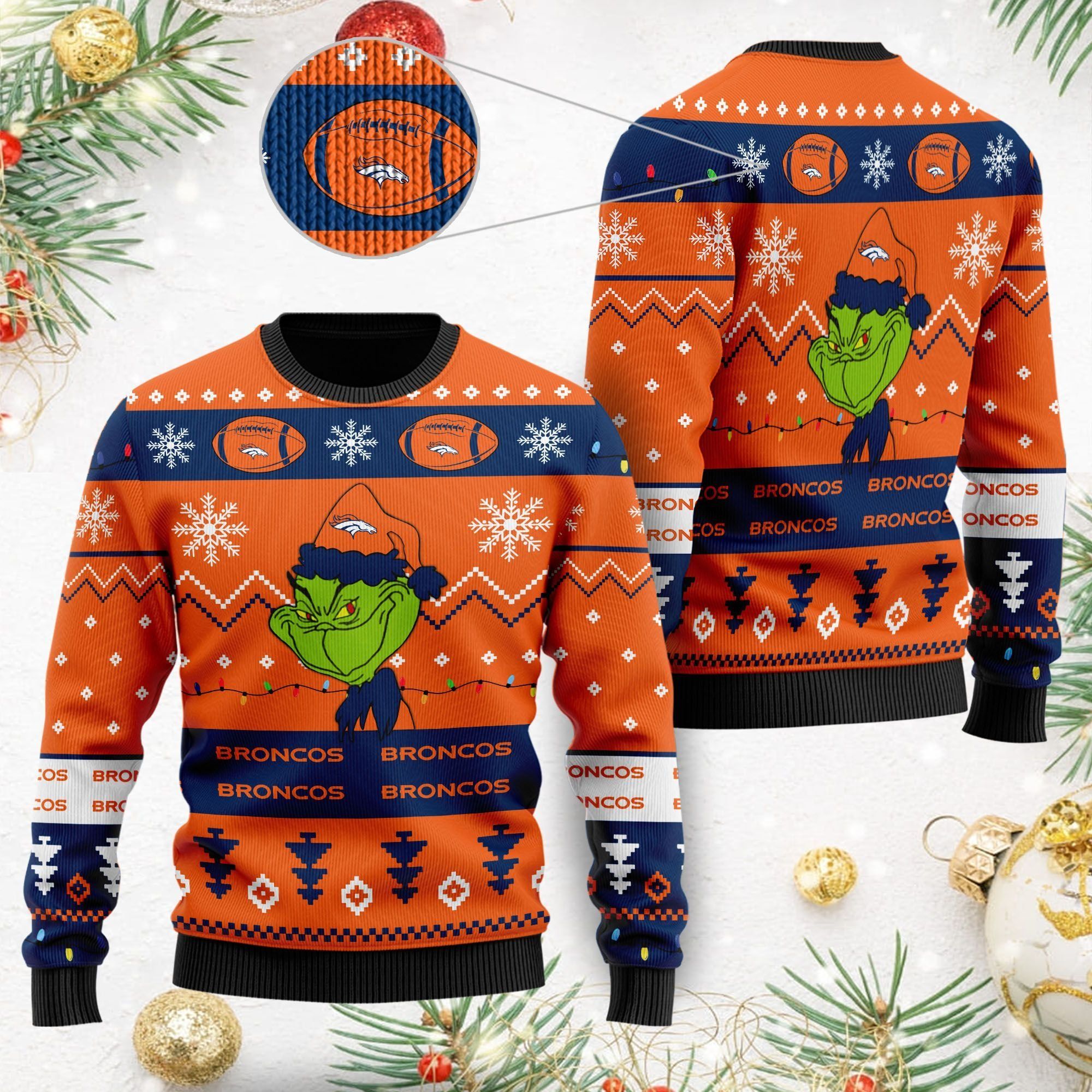 Denver Broncos American NFL Football Team Logo Cute Grinch 3D Men And Women Ugly Christmas Sweater For Sport Lovers On Christmas Days