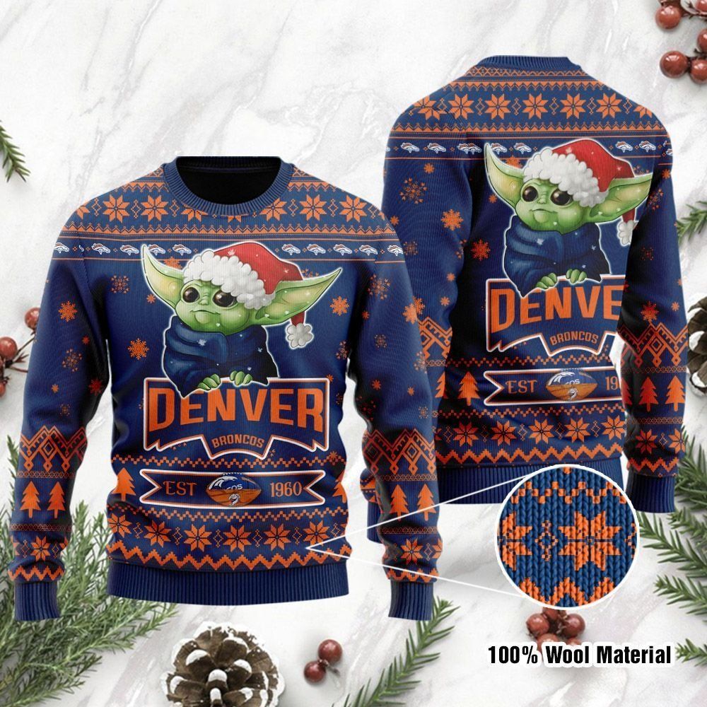 Denver Broncos Cute Baby Yoda Grogu Ugly Christmas Sweater Holiday Party Men Women Full Plus Size
