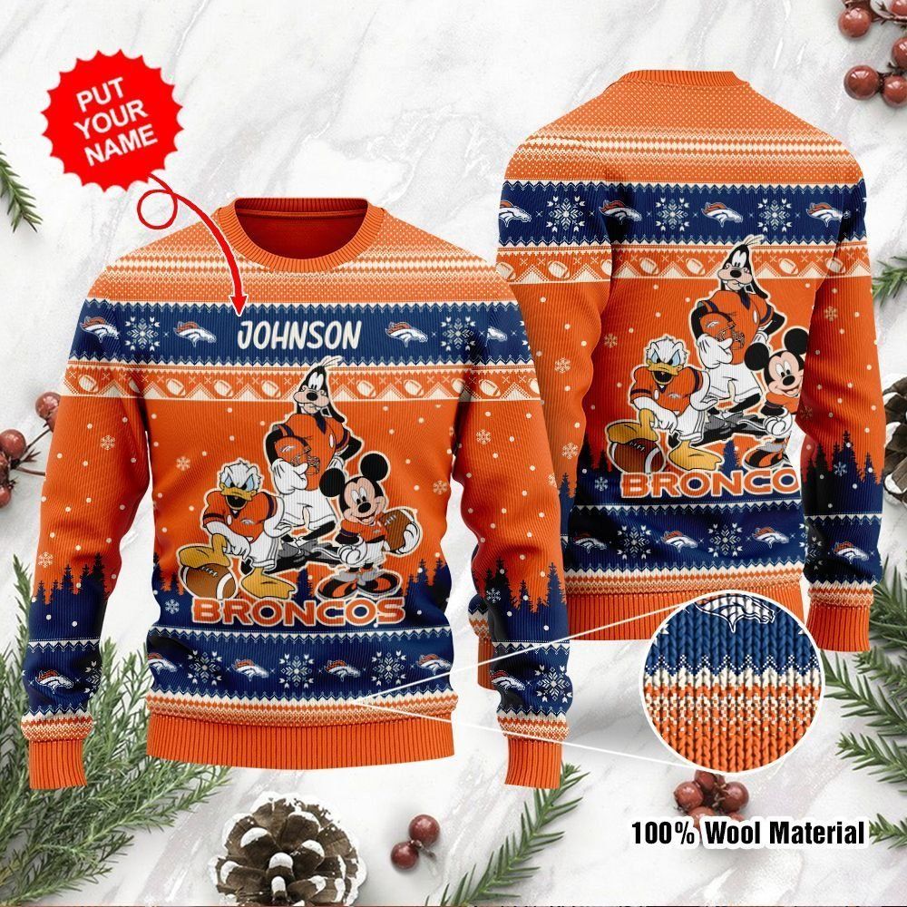 Denver Broncos Disney Donald Duck Mickey Mouse Goofy Custom Name Personalized Ugly Christmas Sweater Holiday Party For Men Women