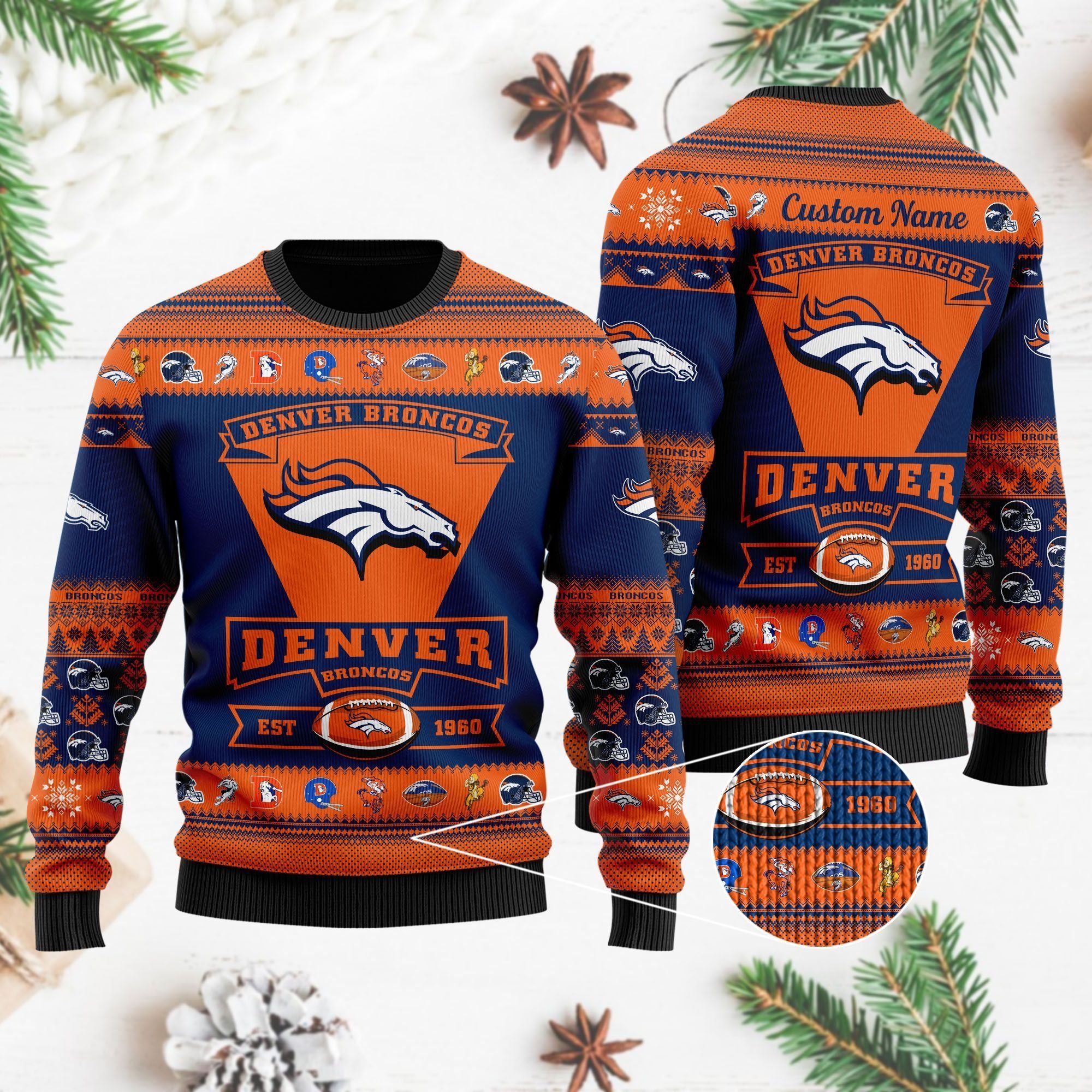 Denver Broncos Football Team Logo Custom Name Personalized Ugly Christmas Sweater Holiday Party Men Women Plus Size