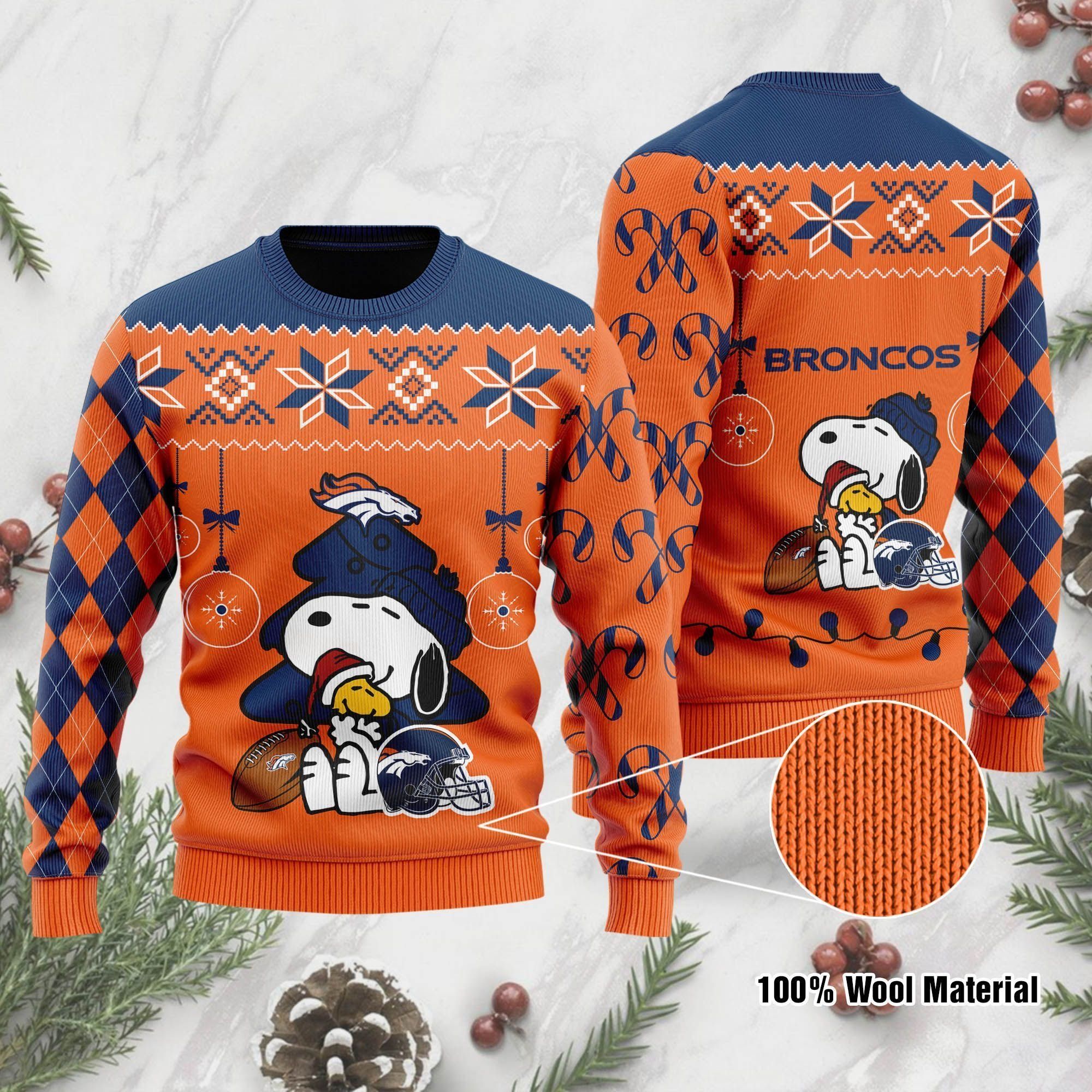 Denver Broncos Funny Charlie Brown Peanuts Snoopy Ugly Christmas Sweater Holiday Party Men Women Plus Size