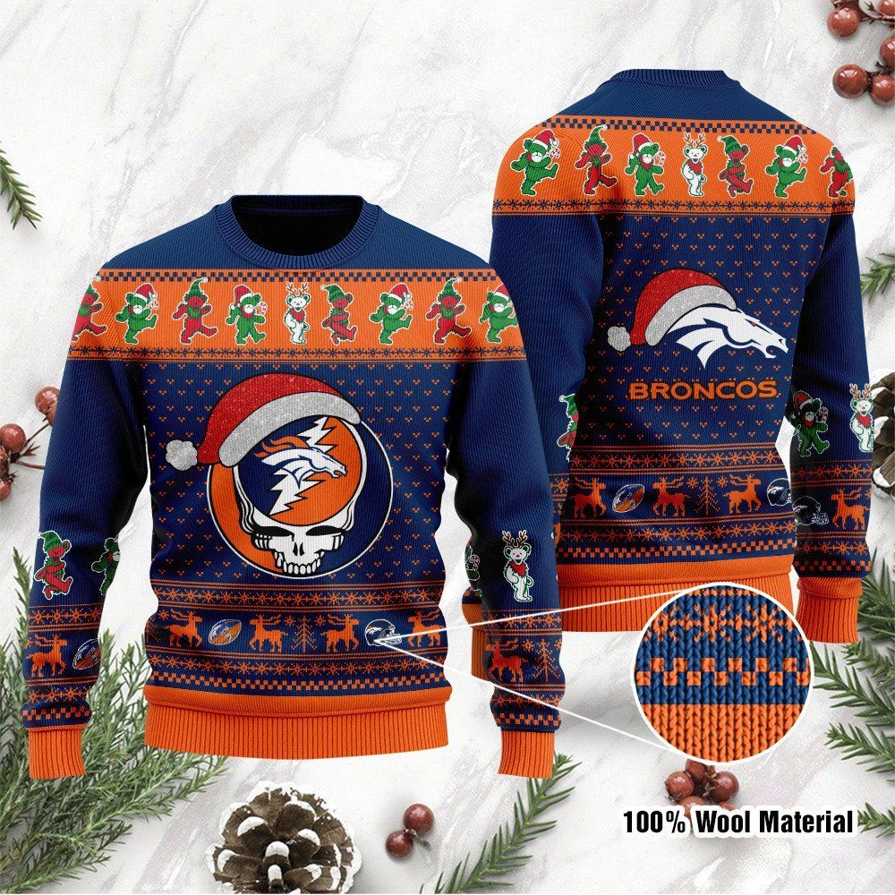 Denver Broncos Grateful Dead SKull And Bears Custom Name Ugly Christmas Sweater NFL Football Christmas