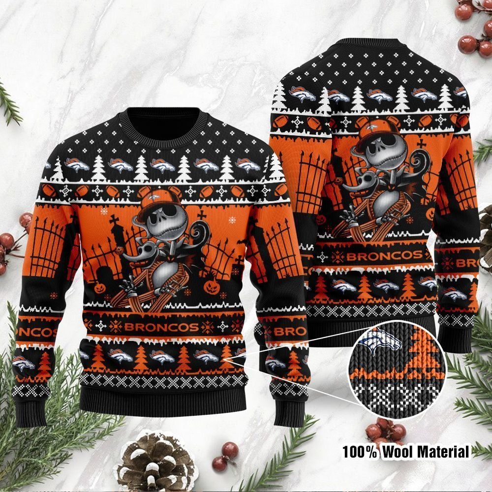 Denver Broncos Jack Skellington Halloween Ugly Christmas Sweater Holiday Party Men Women Full Plus Size