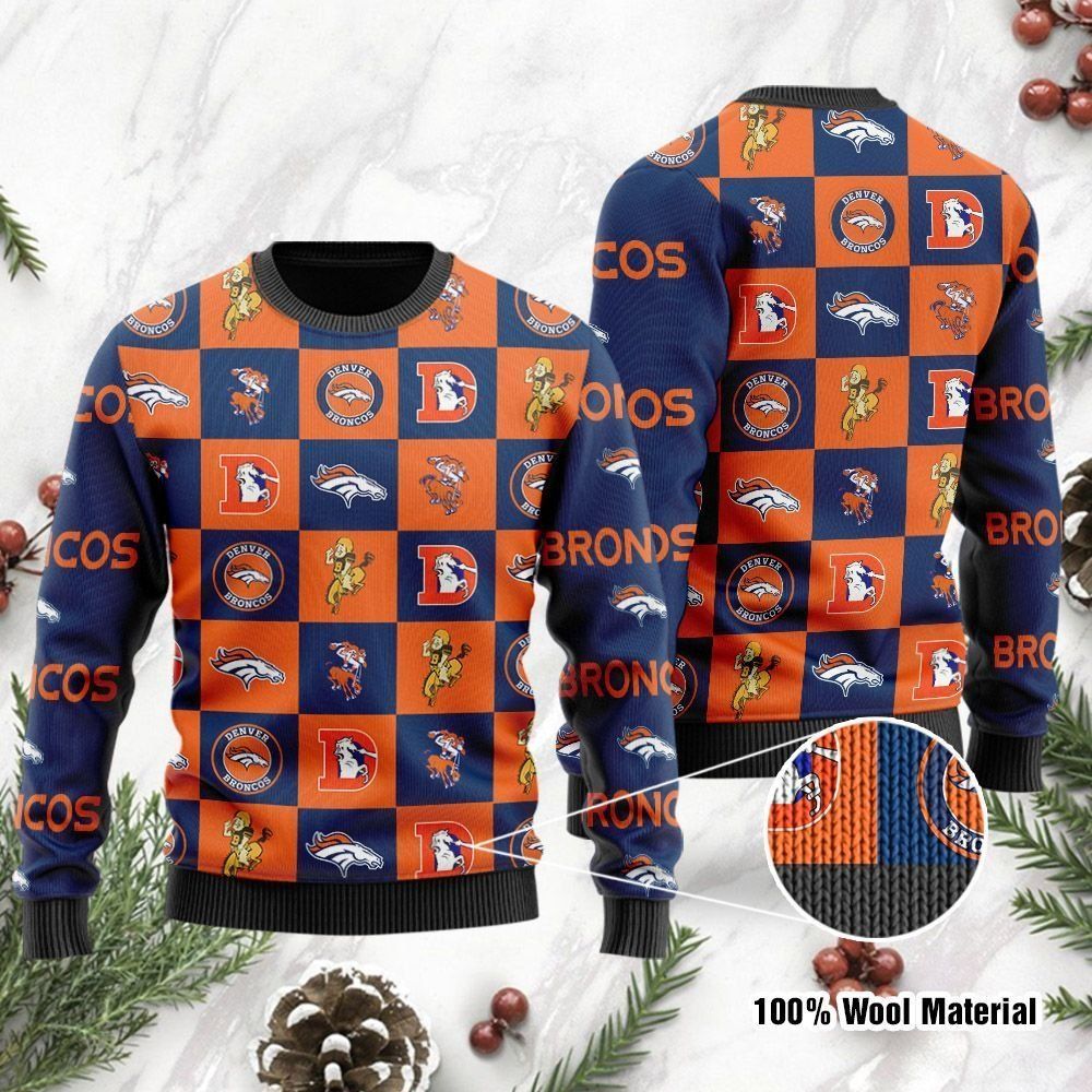 Denver Broncos Logo Checkered Flannel Design Ugly Christmas Sweater