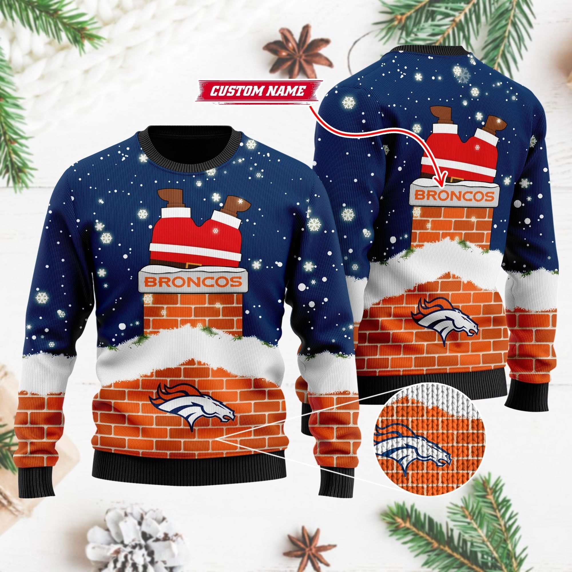 Denver Broncos NFL Football Team Logo Symbol Santa Claus Custom Name Personalized 3D Ugly Christmas Sweater