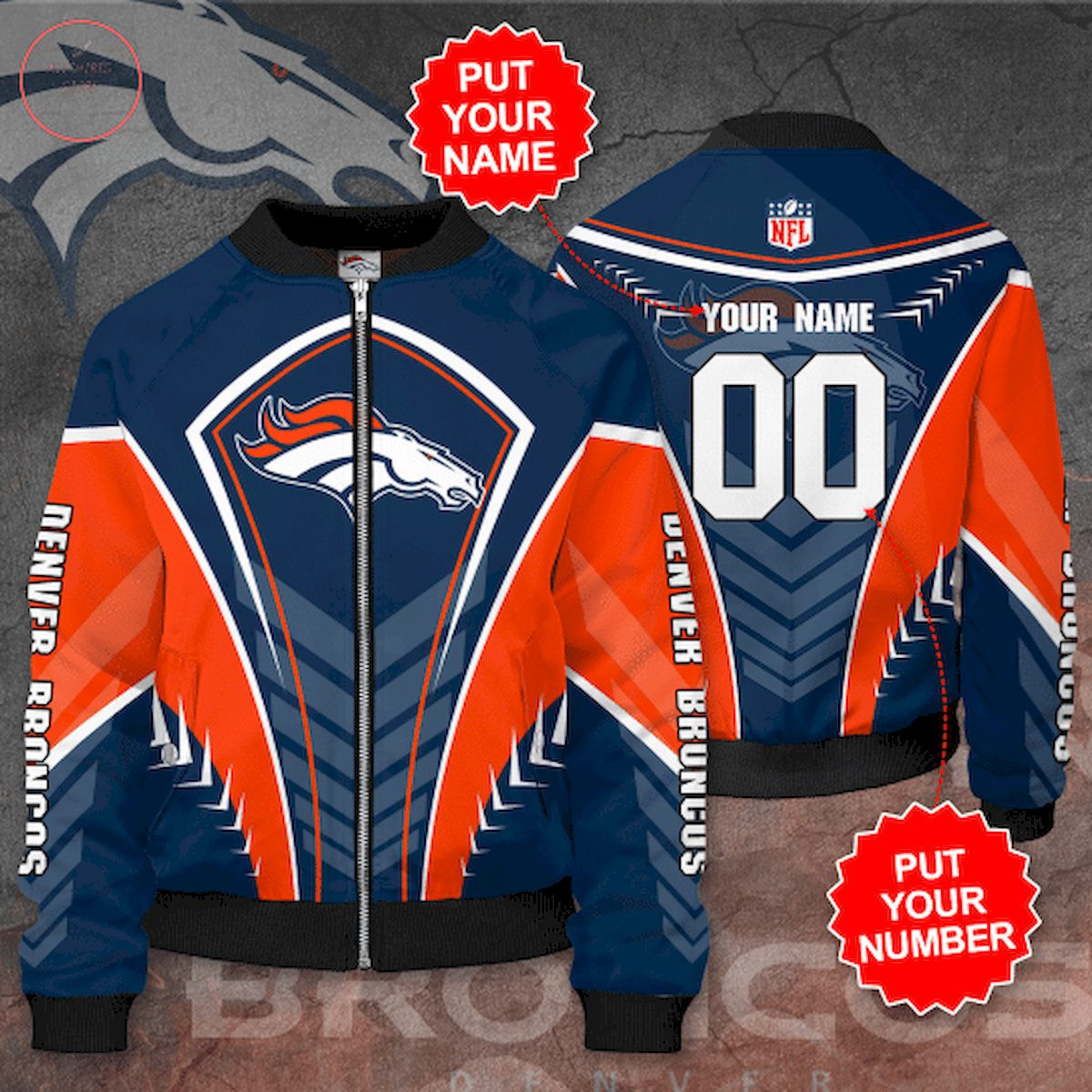 Denver Broncos Personalized Name Number Orange Navy Blue Bomber Jacket | NFL Team Jacket for Men & Women | Football Fan Gift