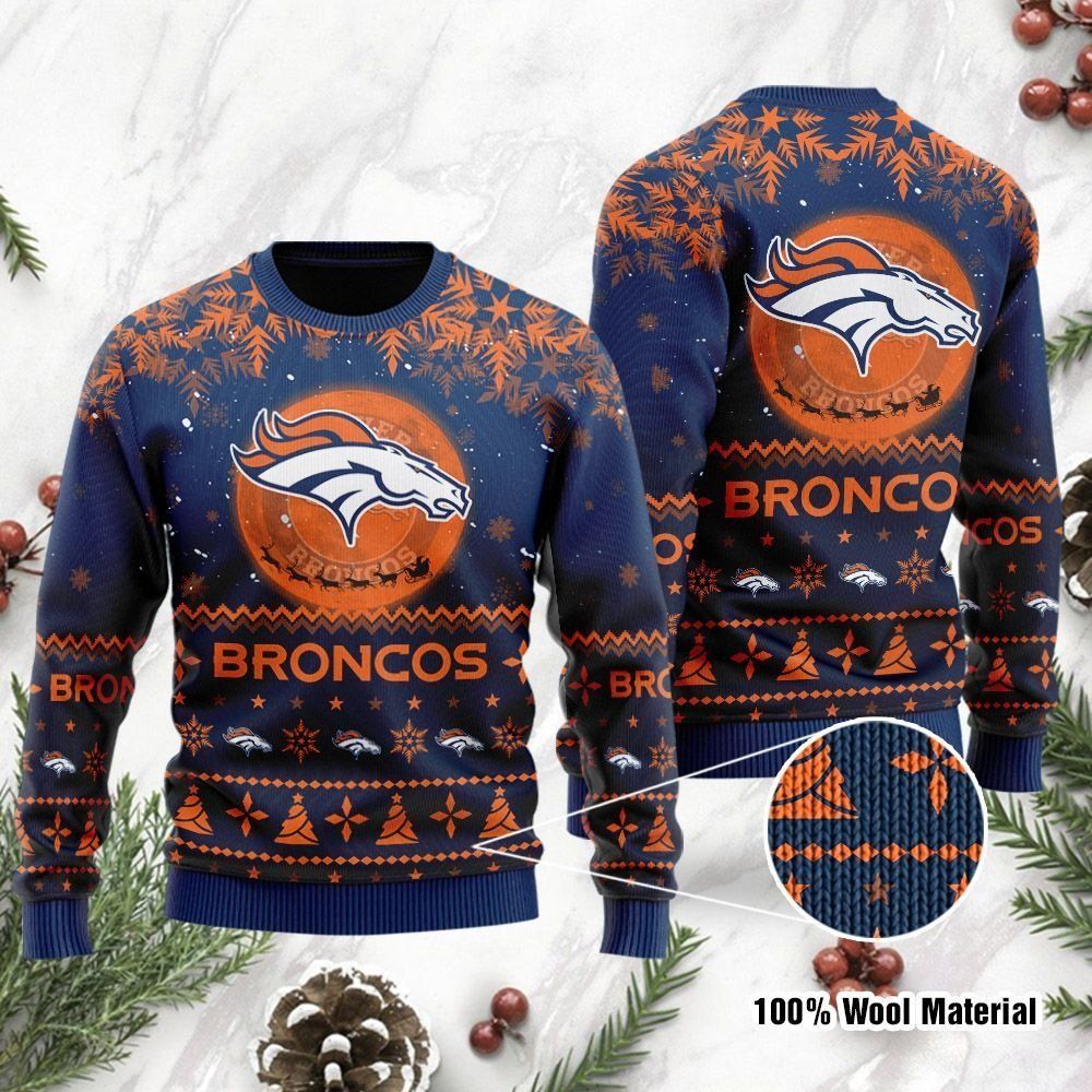 Denver Broncos Santa Claus In The Moon Ugly Christmas Sweater Holiday Party For Men Women