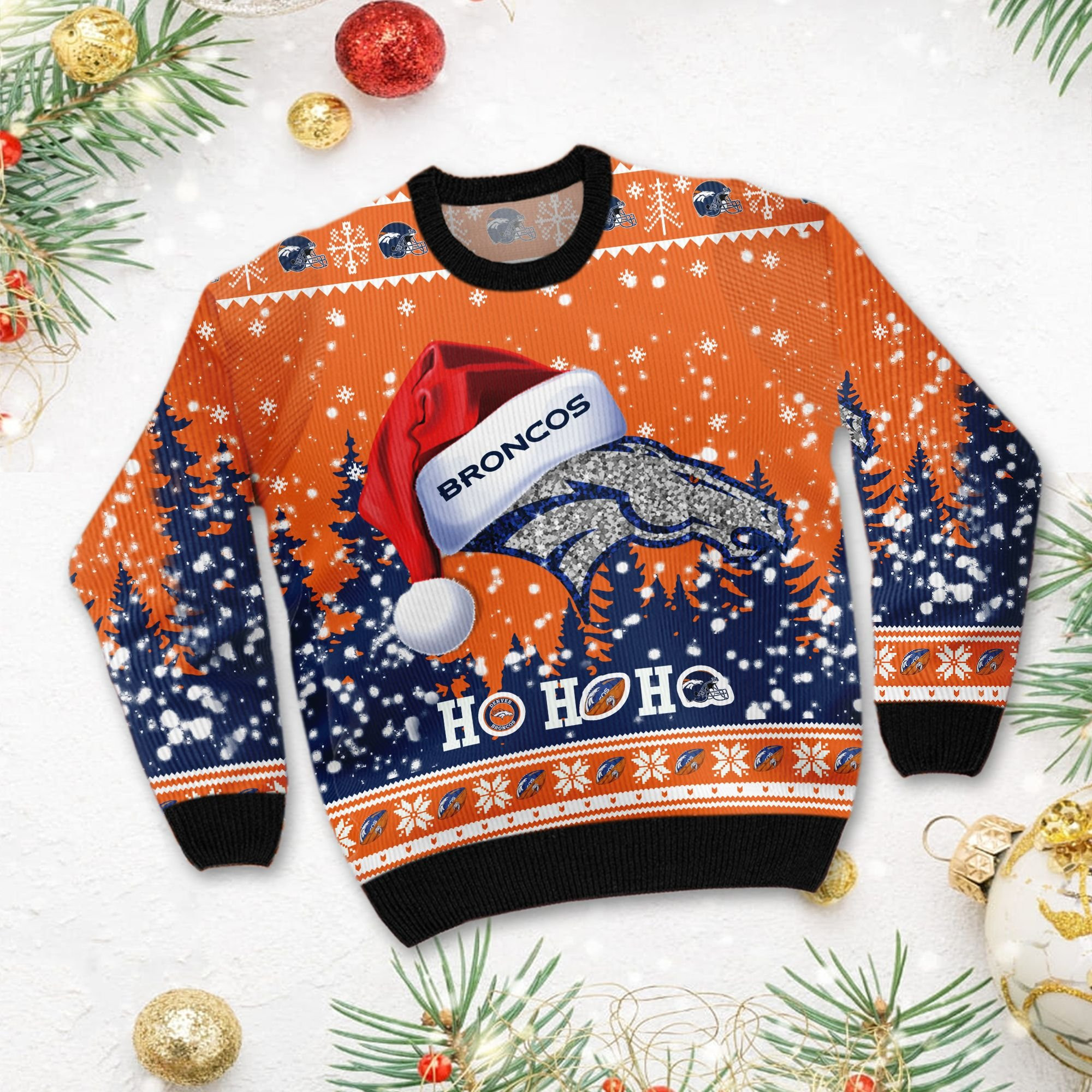 Denver Broncos Symbol Wearing Santa Claus Hat Ho Ho Ho Custom Personalized Ugly Christmas Sweater - Image 3