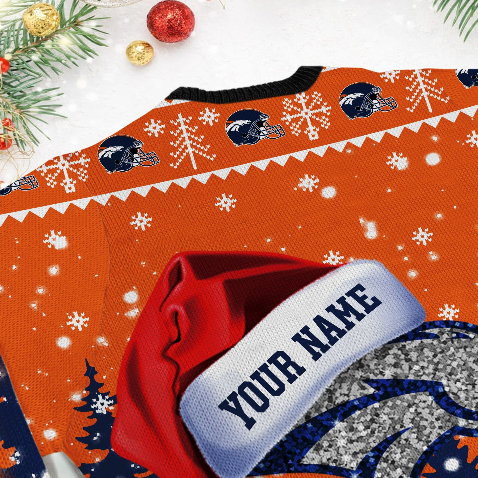 Denver Broncos Symbol Wearing Santa Claus Hat Ho Ho Ho Custom Personalized Ugly Christmas Sweater - Image 6