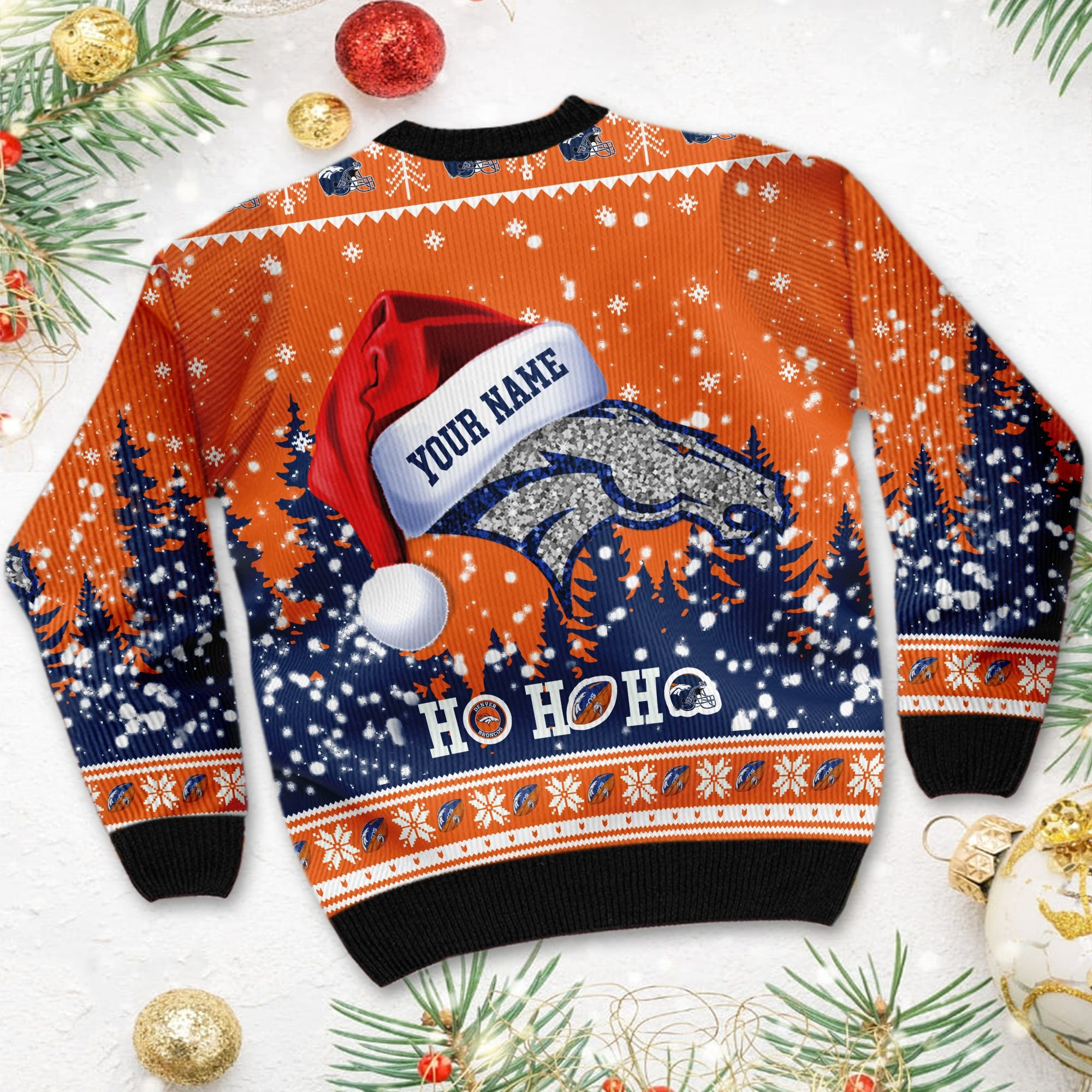 Denver Broncos Symbol Wearing Santa Claus Hat Ho Ho Ho Custom Personalized Ugly Christmas Sweater - Image 4