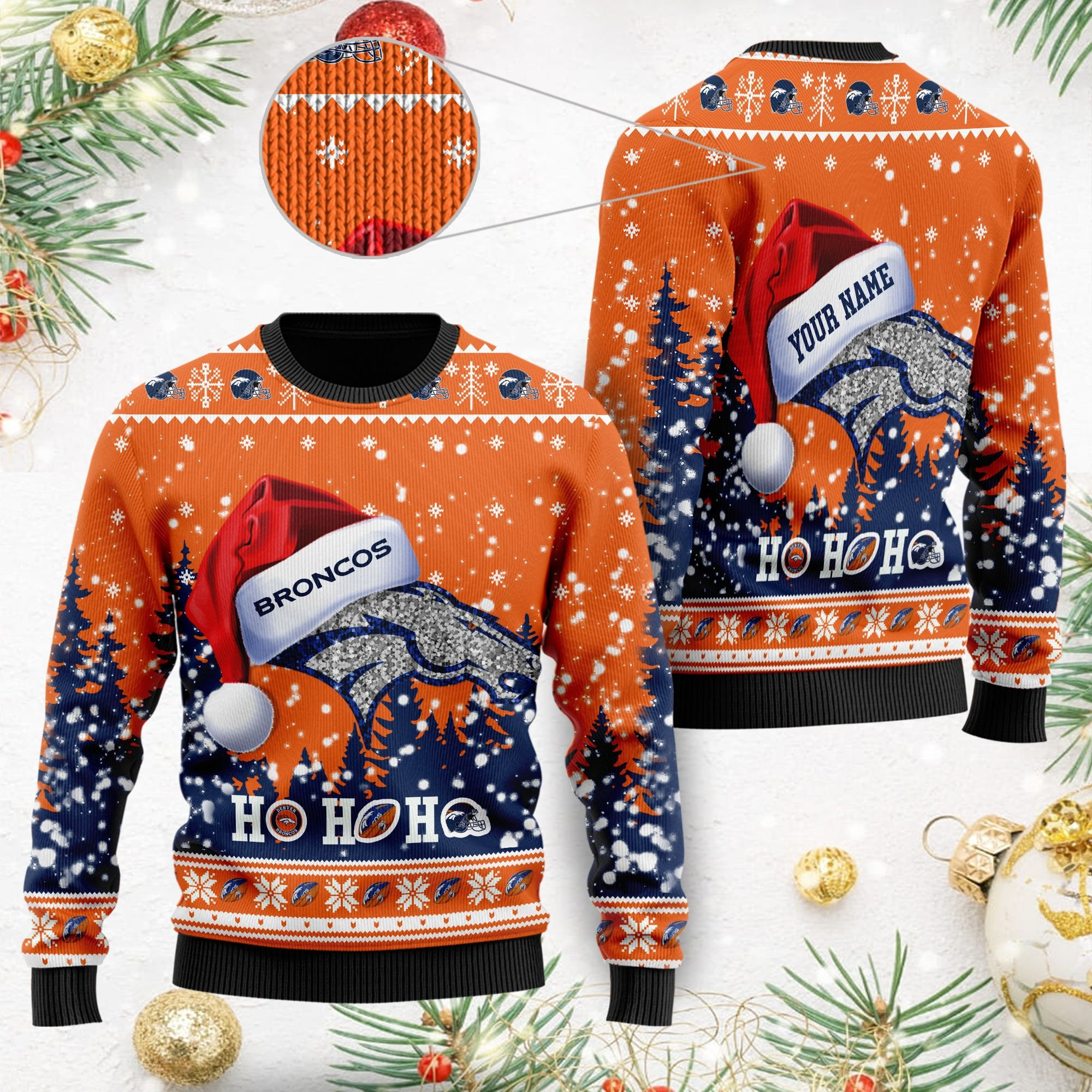 Denver Broncos Symbol Wearing Santa Claus Hat Ho Ho Ho Custom Personalized Ugly Christmas Sweater