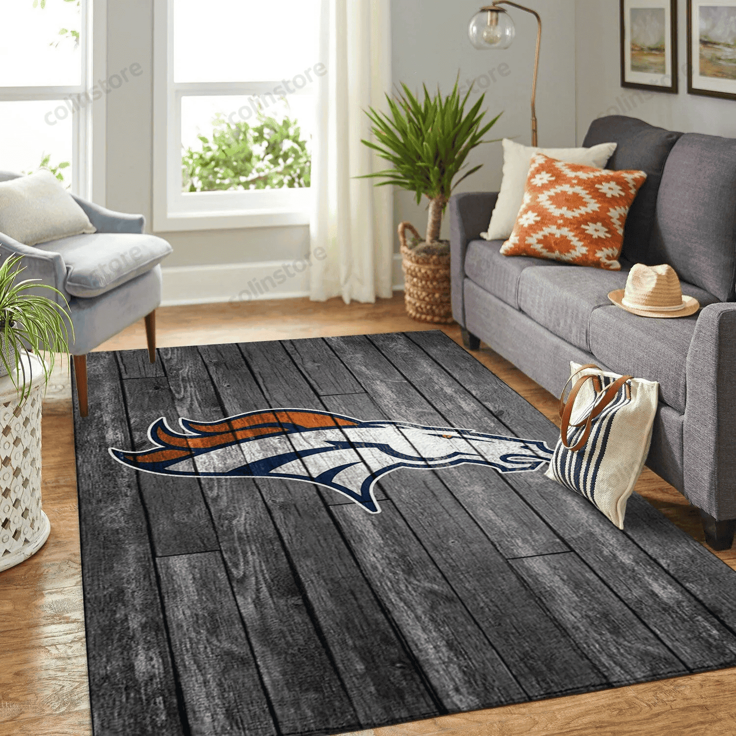 Denver Broncos Team Logo Grey Wooden Rectangle Area Rug – Full Print Carpet For Living Room & Bedroom Home Decor