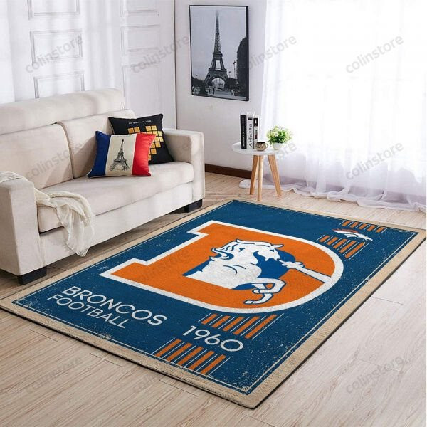 Denver Broncos Team Logo Retro Rectangle Area Rug – Full Print Carpet For Living Room & Bedroom Home Decor
