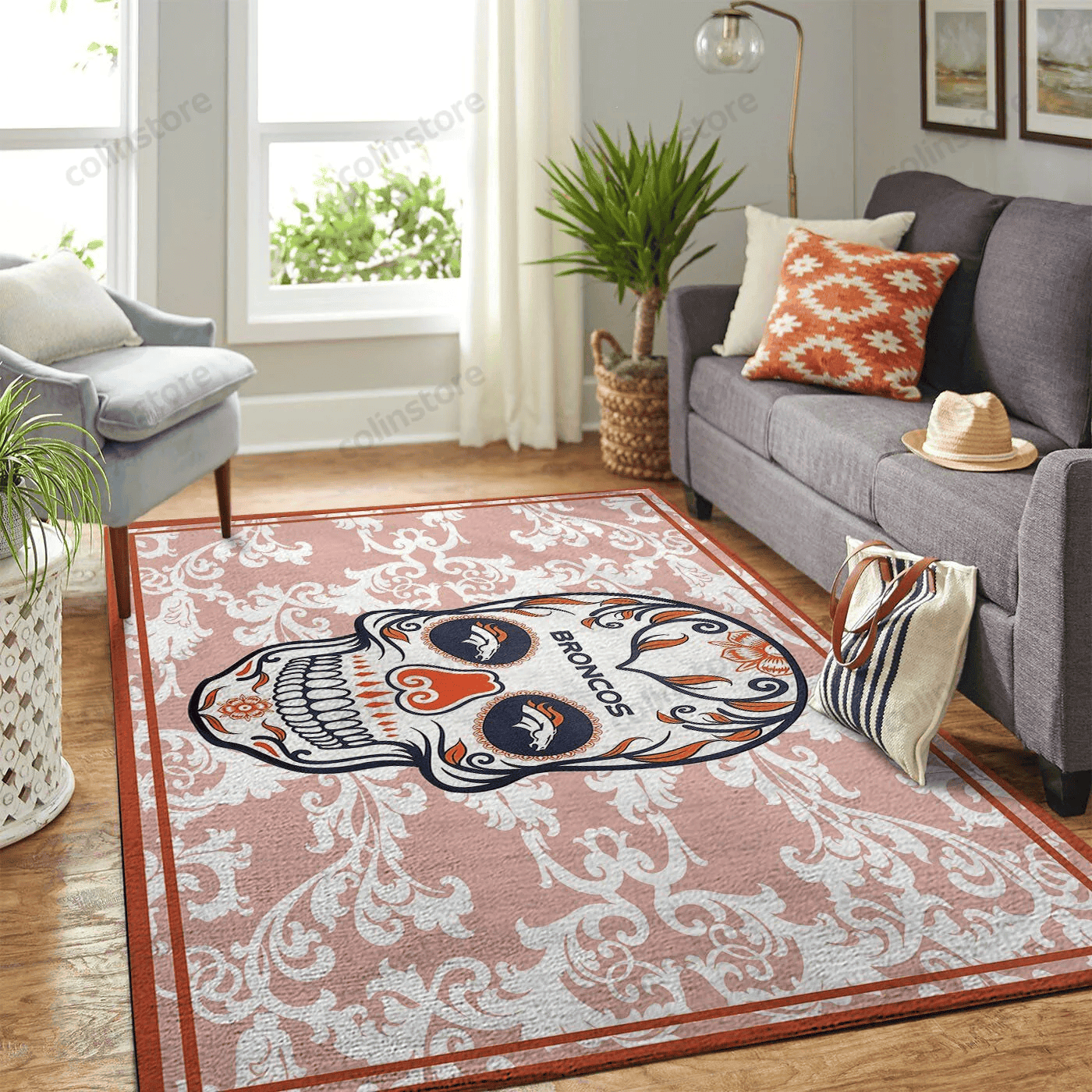 Denver Broncos Team Logo Skull Flower Rectangle Area Rug – Full Print Carpet For Living Room & Bedroom Home Decor