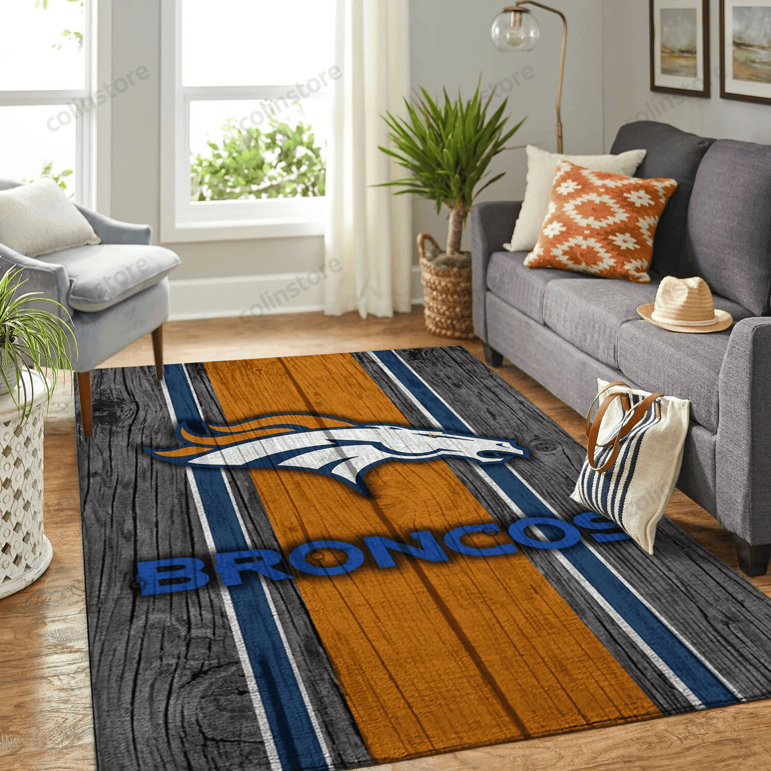Denver Broncos Team Logo Wooden Rectangle Area Rug – Full Print Carpet For Living Room & Bedroom Home Decor