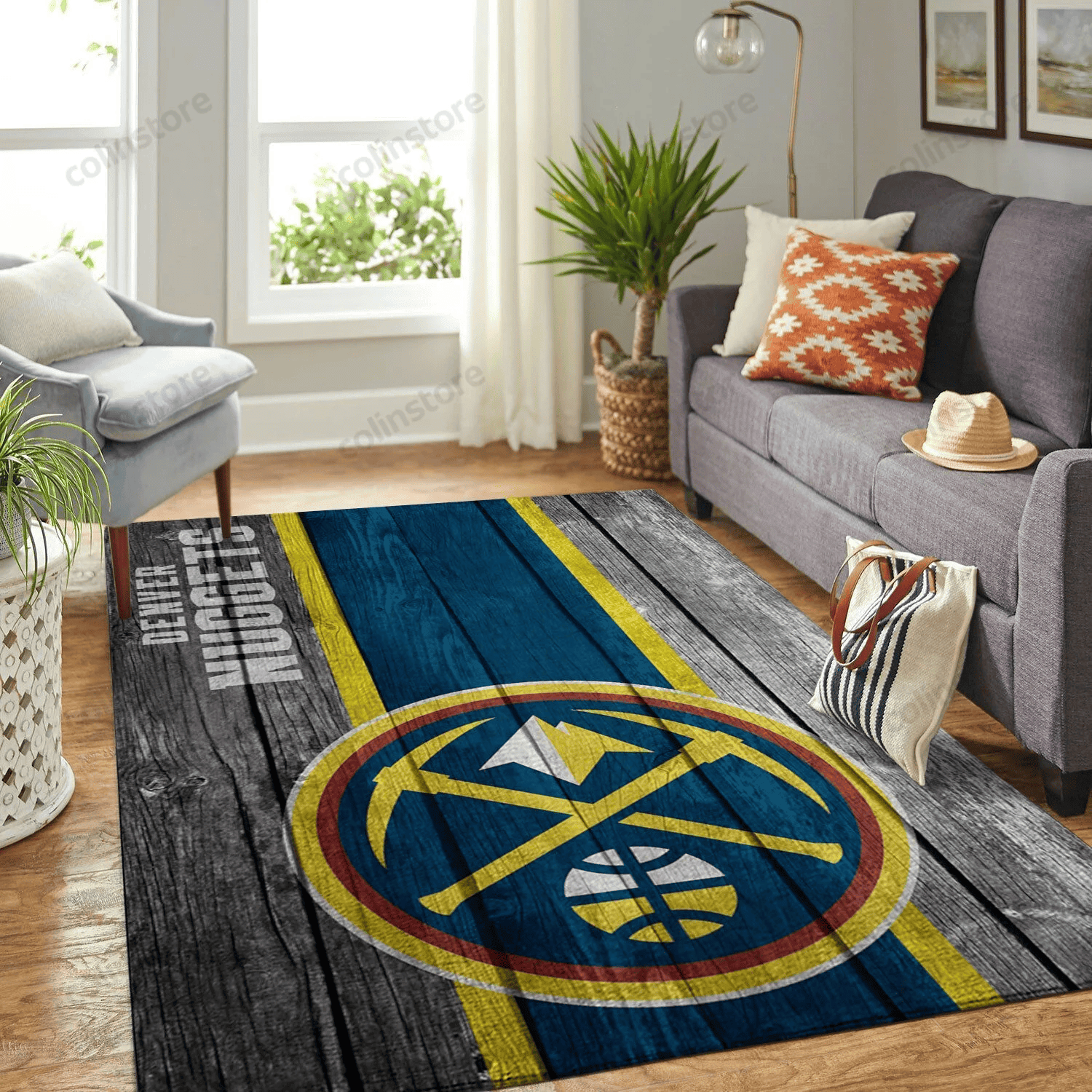Denver Nuggets Team Logo Wooden Rectangle Area Rug – Full Print Carpet For Living Room & Bedroom Home Decor
