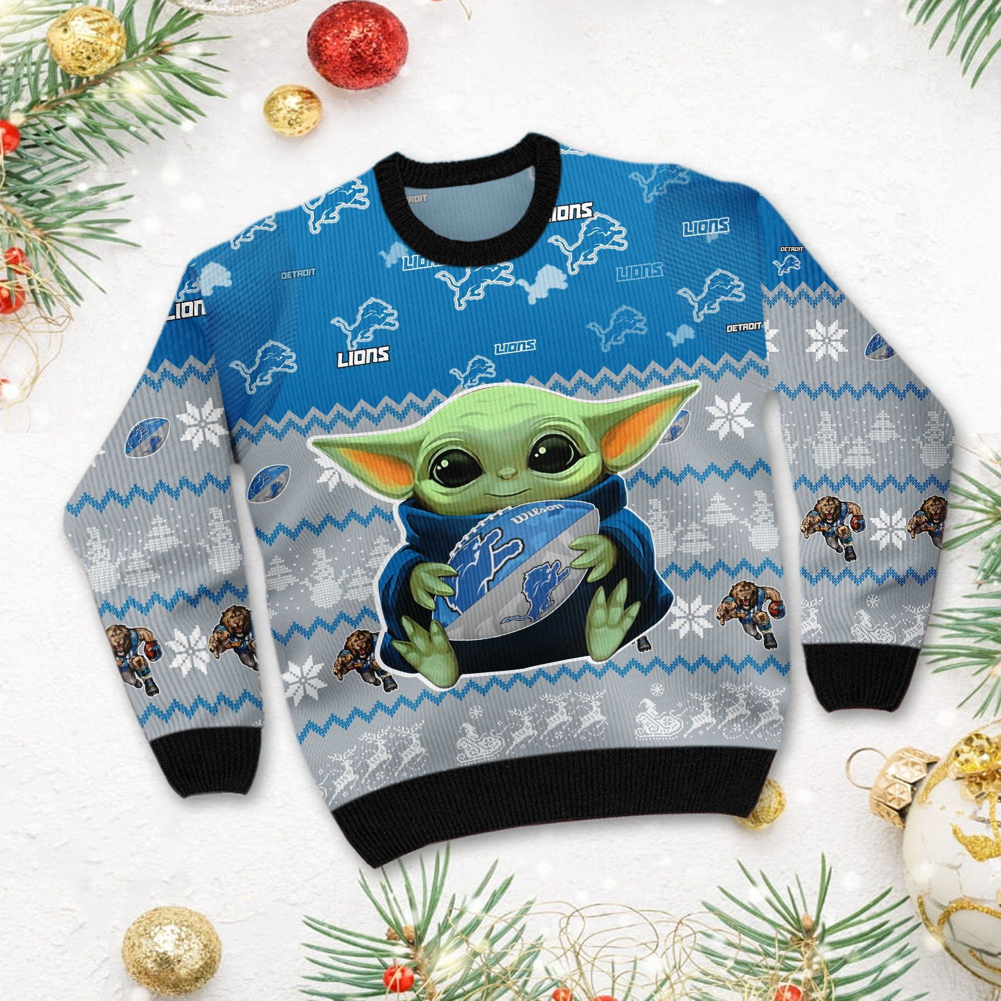 Detroit Lions Baby Yoda Shirt For American Football Fans Ugly Christmas Sweater, Perfect Holiday Gift - Image 3