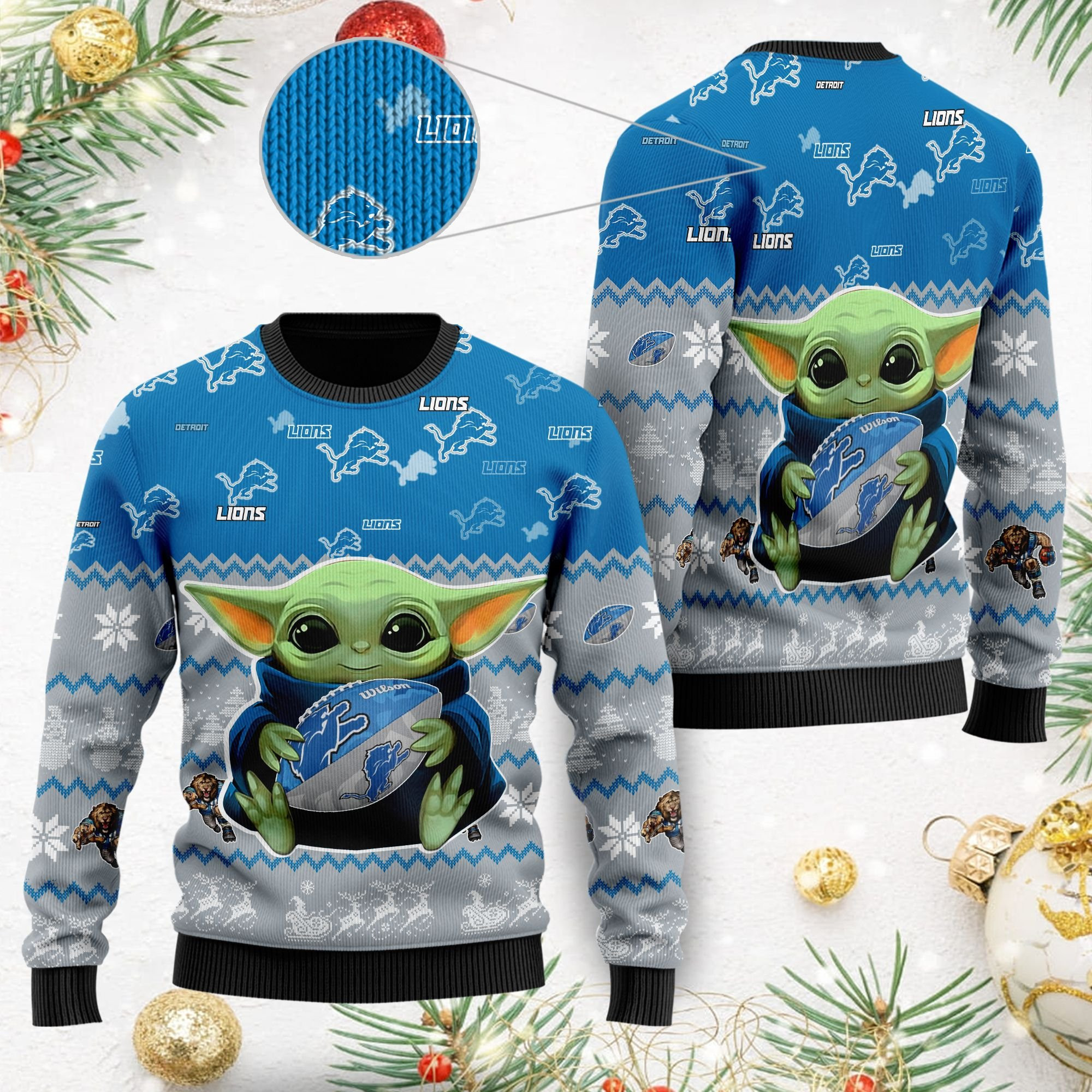Detroit Lions Baby Yoda Shirt For American Football Fans Ugly Christmas Sweater, Perfect Holiday Gift