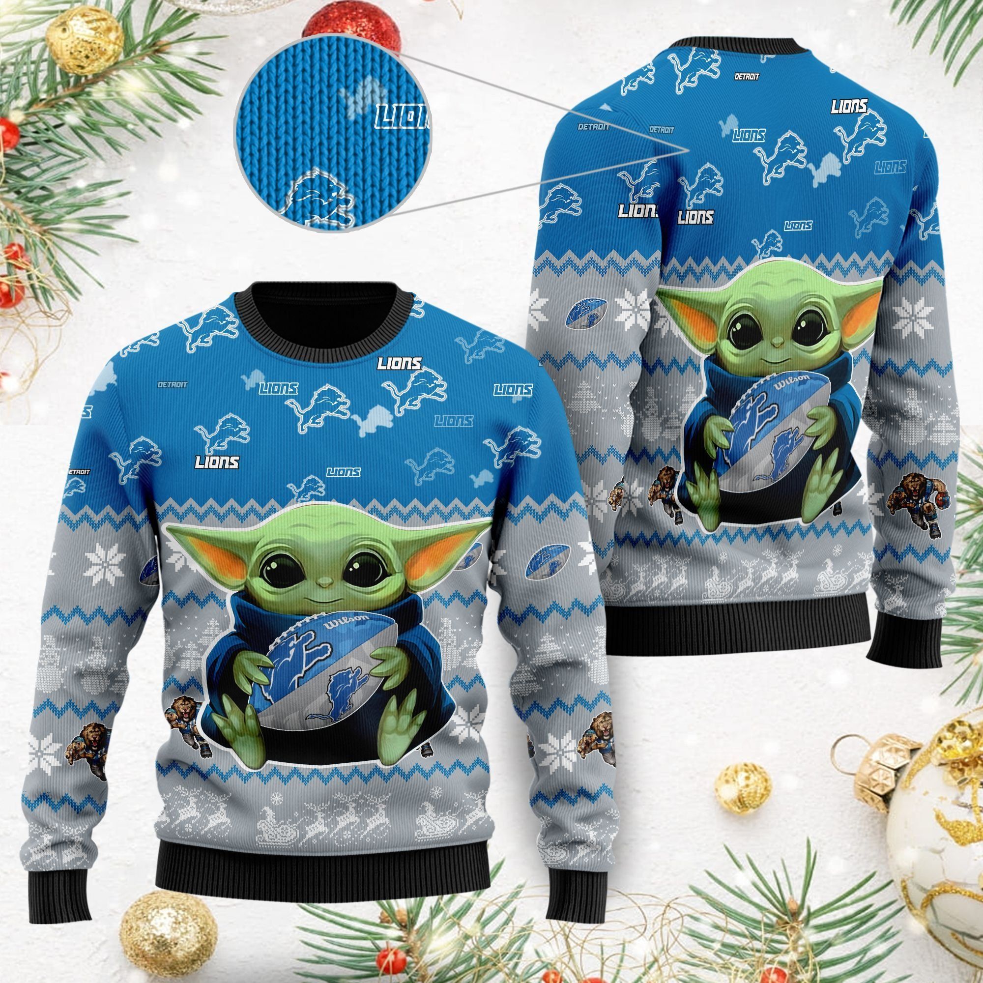 Detroit Lions Baby Yoda Ugly Christmas Sweater For American Football Fans