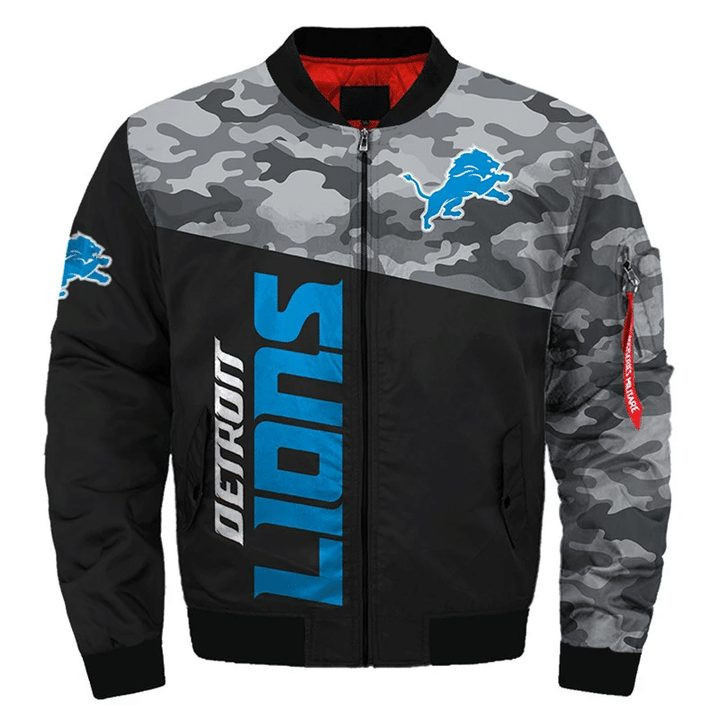 Detroit Lions Black Camo Bomber Jacket | NFL Team Jacket for Men & Women | Football Fan Gift