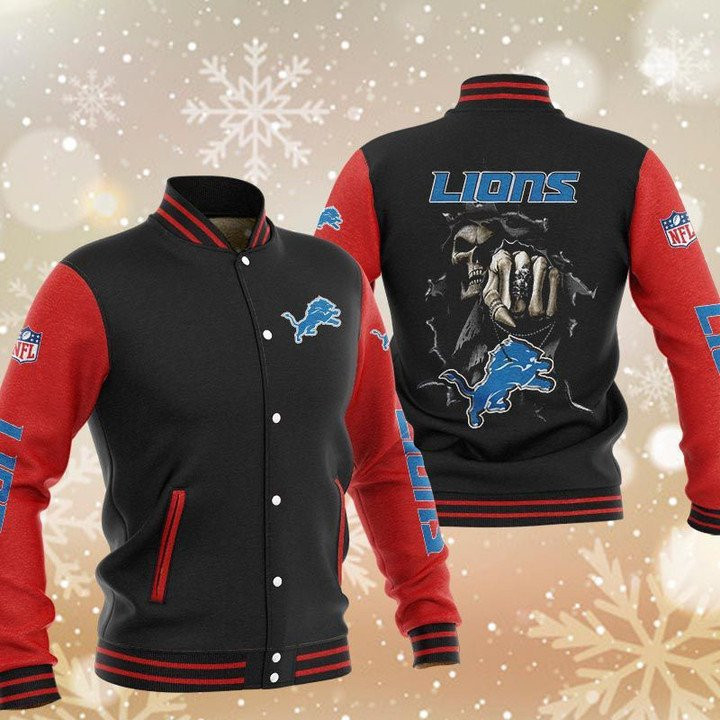 Detroit Lions Black Red Skull Varsity Baseball Jacket for Men & Women | NFL Team Fan Gift
