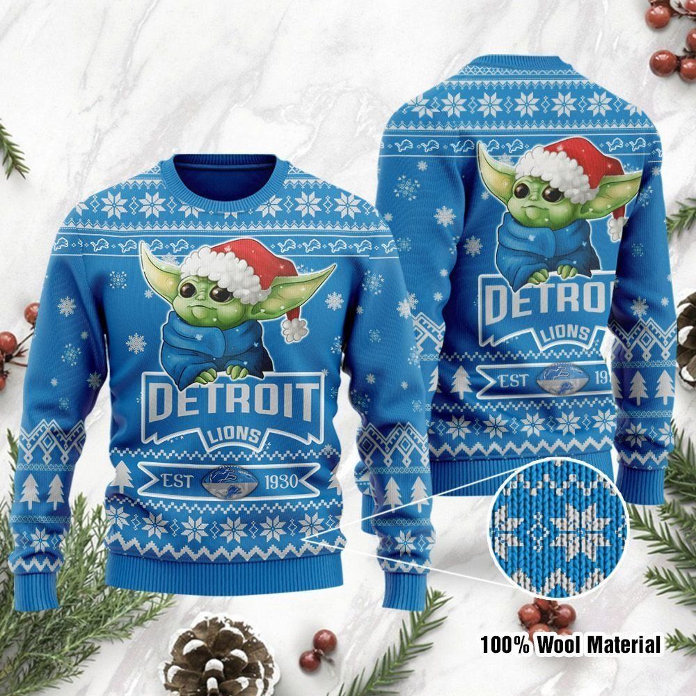 Detroit Lions Cute Baby Yoda Grogu Ugly Christmas Sweater Holiday Party Men Women Full Plus Size