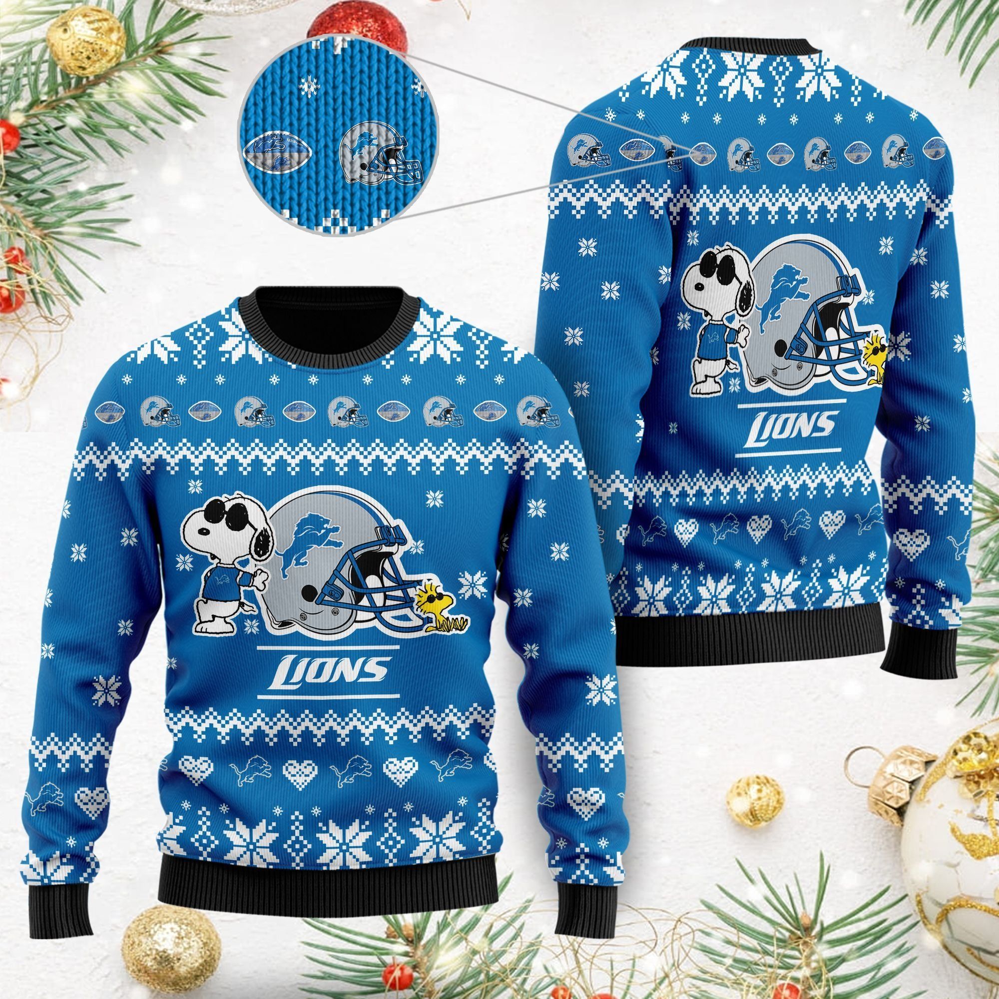 Detroit Lions Cute The Snoopy Show Football Helmet 3D All Over Print Ugly Christmas Sweater For American Football Players And Fans On Christmas Days