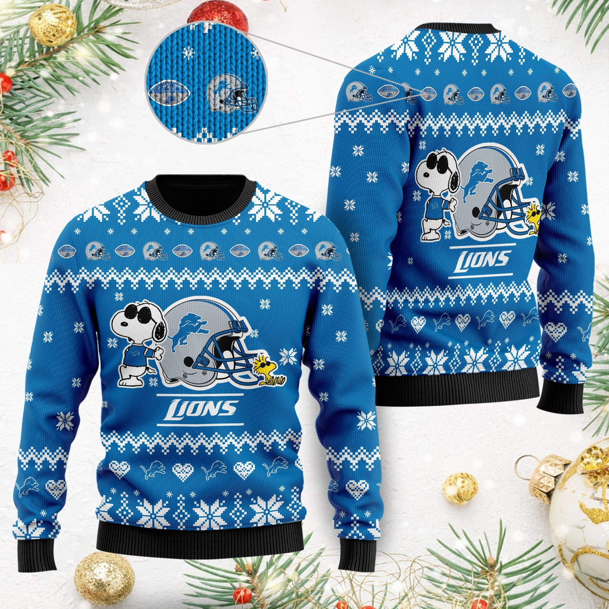 Detroit Lions Cute The Snoopy Show Football Helmet 3D Ugly Christmas Sweater Perfect Holiday Gift