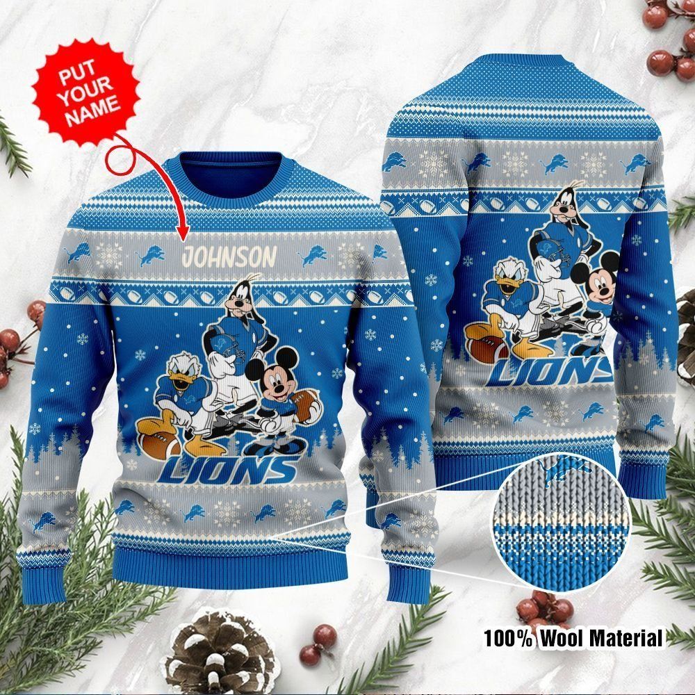 Detroit Lions Disney Donald Duck Mickey Mouse Goofy Custom Name Personalized Ugly Christmas Sweater Holiday Party For Men Women