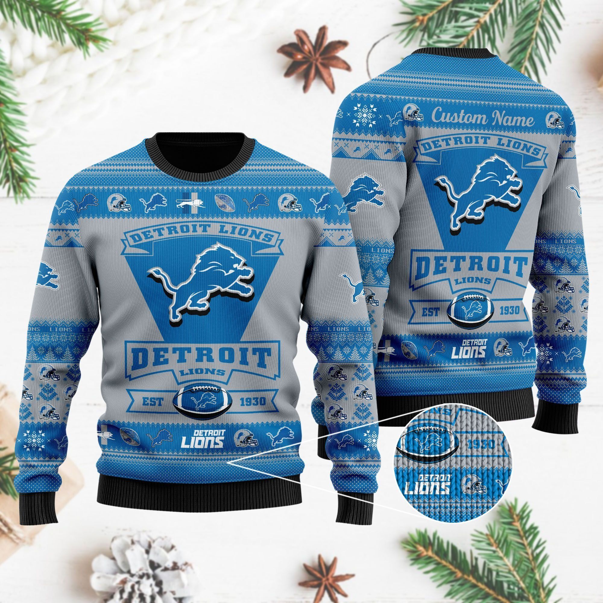 Detroit Lions Football Team Logo Custom Name Personalized Ugly Christmas Sweater Holiday Party Men Women Plus Size