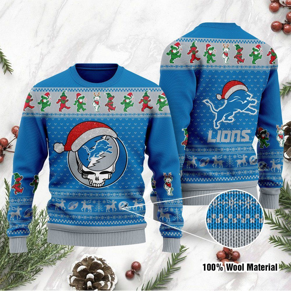 Detroit Lions Grateful Dead SKull And Bears Custom Name Ugly Christmas Sweater NFL Football Christmas