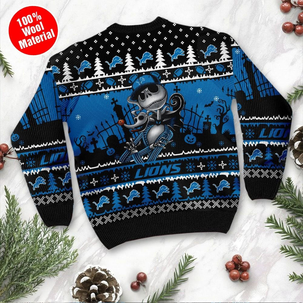 Detroit Lions Jack Skellington Halloween Holiday Party Ugly Christmas Sweater, Perfect Holiday Gift - Image 3